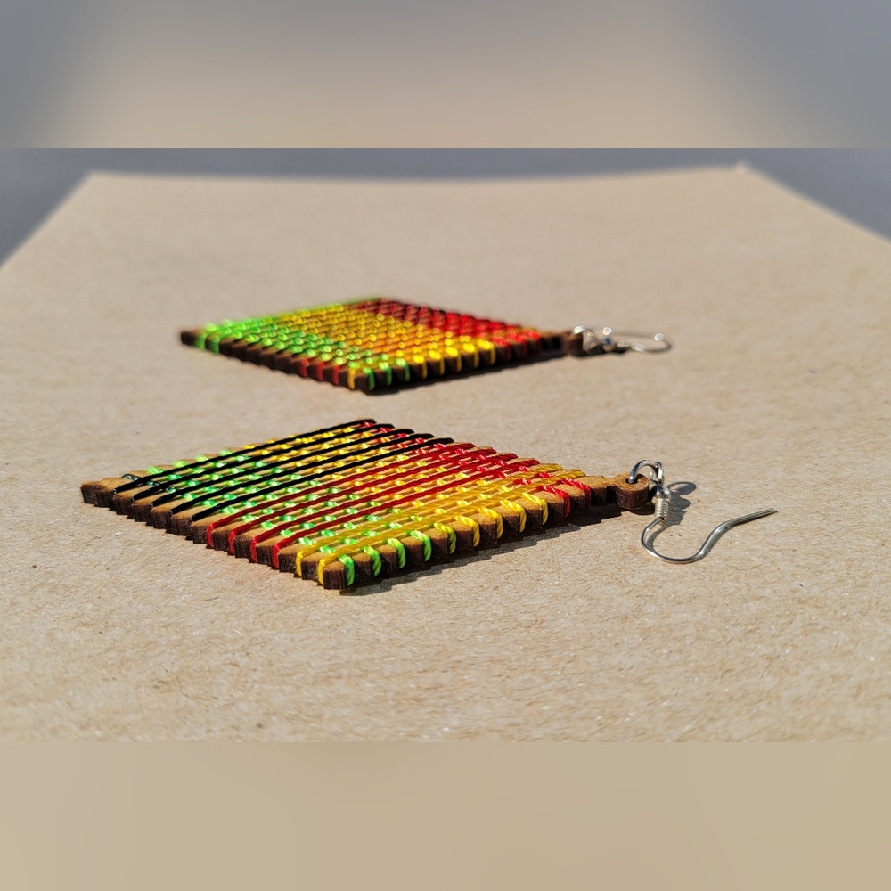 Carved Wood With Multicolor Rainbow Earrings